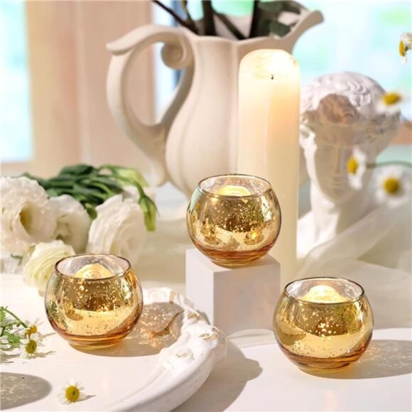 Round Gold Votive Candle Holders, Mercury Glass Candle Holder Set of 12 - Picture 6 of 7